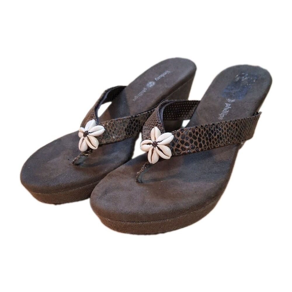 Lindsay Phillips Brenna Brown Platform Wedge Flip FlopSandals Shell Accent Sz 9